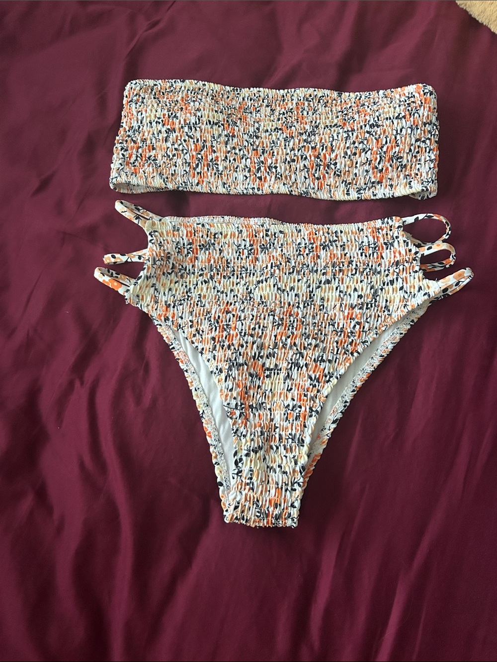 Smocked High-Waist Bikini Set in White & Orange - Kids Swim
